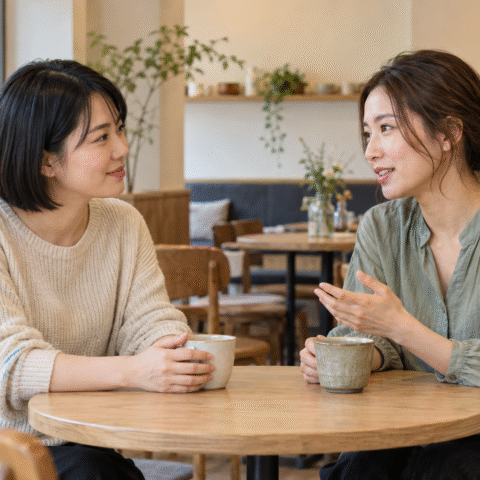 カフェで向かい合いブライズメイドの役割について相談する二人の女性のイメージ