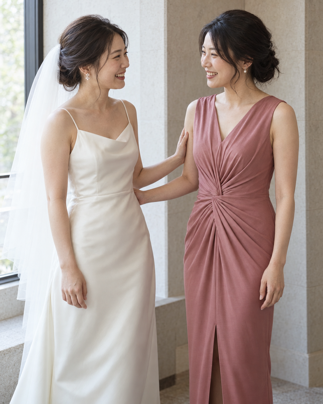 挙式前に花嫁とブライズメイドが向き合って笑う写真