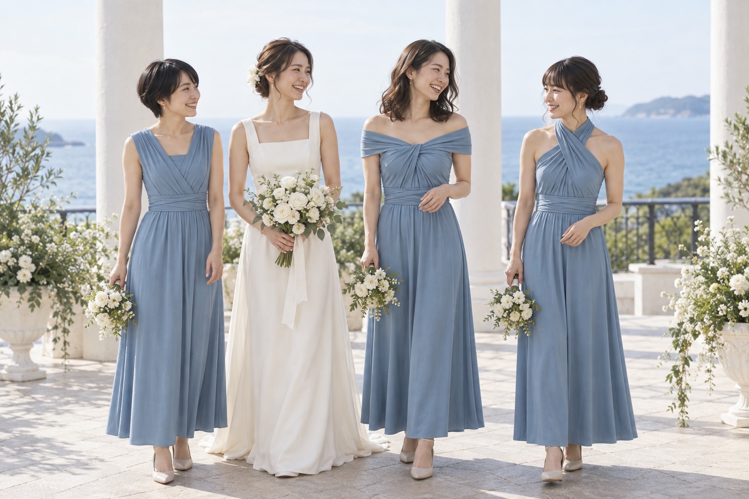 スモーキーブルーのインフィニティドレスを3通りに巻いたブライズメイドと花嫁の海辺の集合写真イメージ
