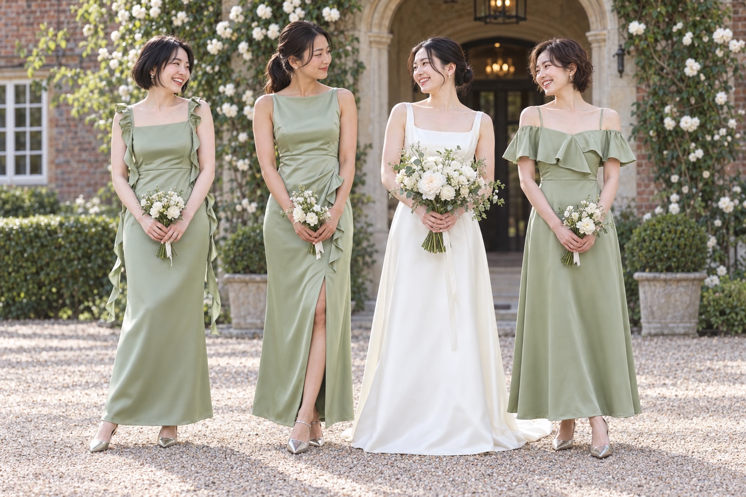 オリーブグリーンのサテンドレスを着た3人のブライズメイドと花嫁が中庭に並ぶイメージ