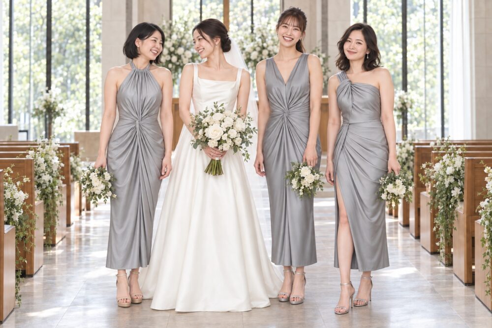 チャペルで花嫁とシルバーのドレスを着た3人のブライズメイドがブーケを持つ撮影イメージ