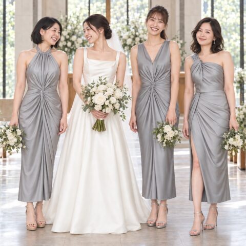 チャペルで花嫁とシルバーのドレスを着た3人のブライズメイドがブーケを持つ撮影イメージ