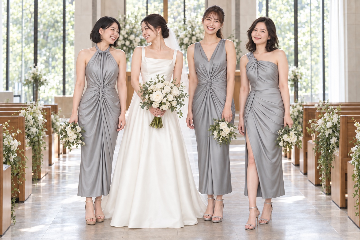 チャペルで花嫁とシルバーのドレスを着た3人のブライズメイドがブーケを持つ撮影イメージ
