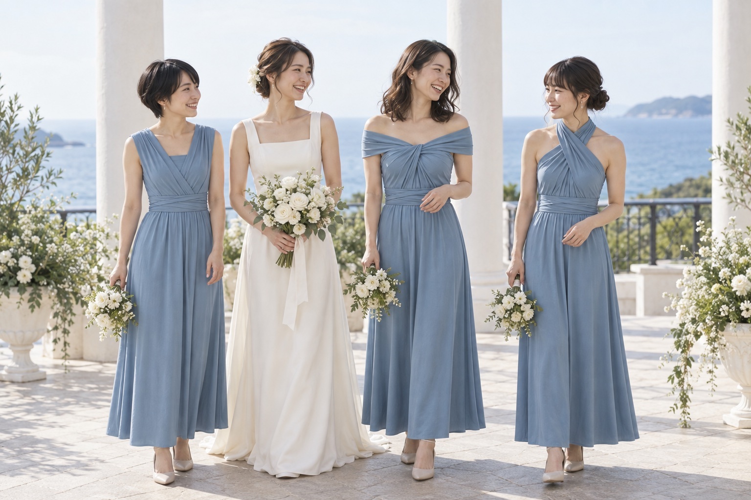 スモーキーブルーのインフィニティドレスを3通りに巻いたブライズメイドと花嫁の海辺の集合写真イメージ