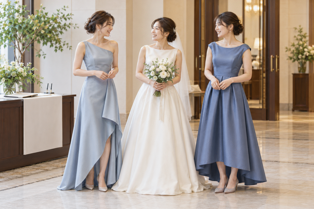 受付前に花嫁とブルー系のドレスを着た友人二人が並ぶ撮影イメージ