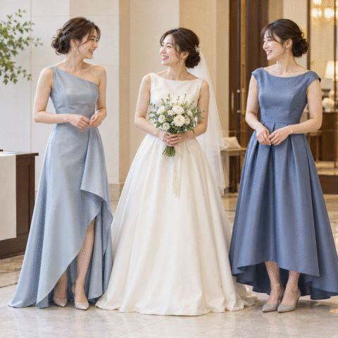 受付前に花嫁とブルー系のドレスを着た友人二人が並ぶ撮影イメージ