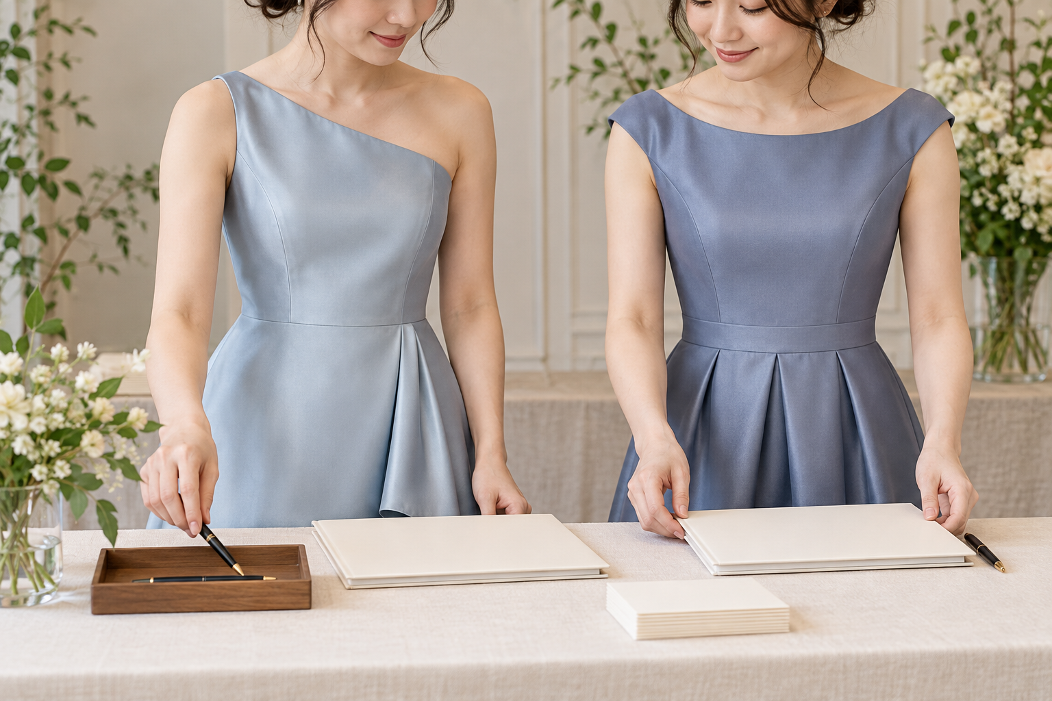 受付の準備をするブルー系ドレス姿の女性二人の撮影イメージ